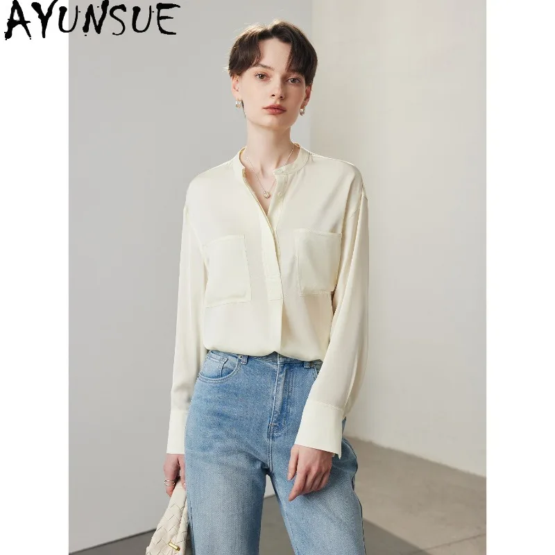 

AYUNSUE Mulberry Silk Women's Blouses and Shirts Elegant Long Sleeve Tops for Woman Classic Blouse Woman Clothes Spring Camisas