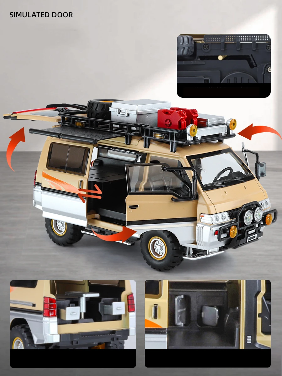 Escala 1:24 DELICA Van todoterreno aleación modelo clásico Diecast Metal alta simulación sonido luz tirar hacia atrás regalos exquisitos juguetes para niños