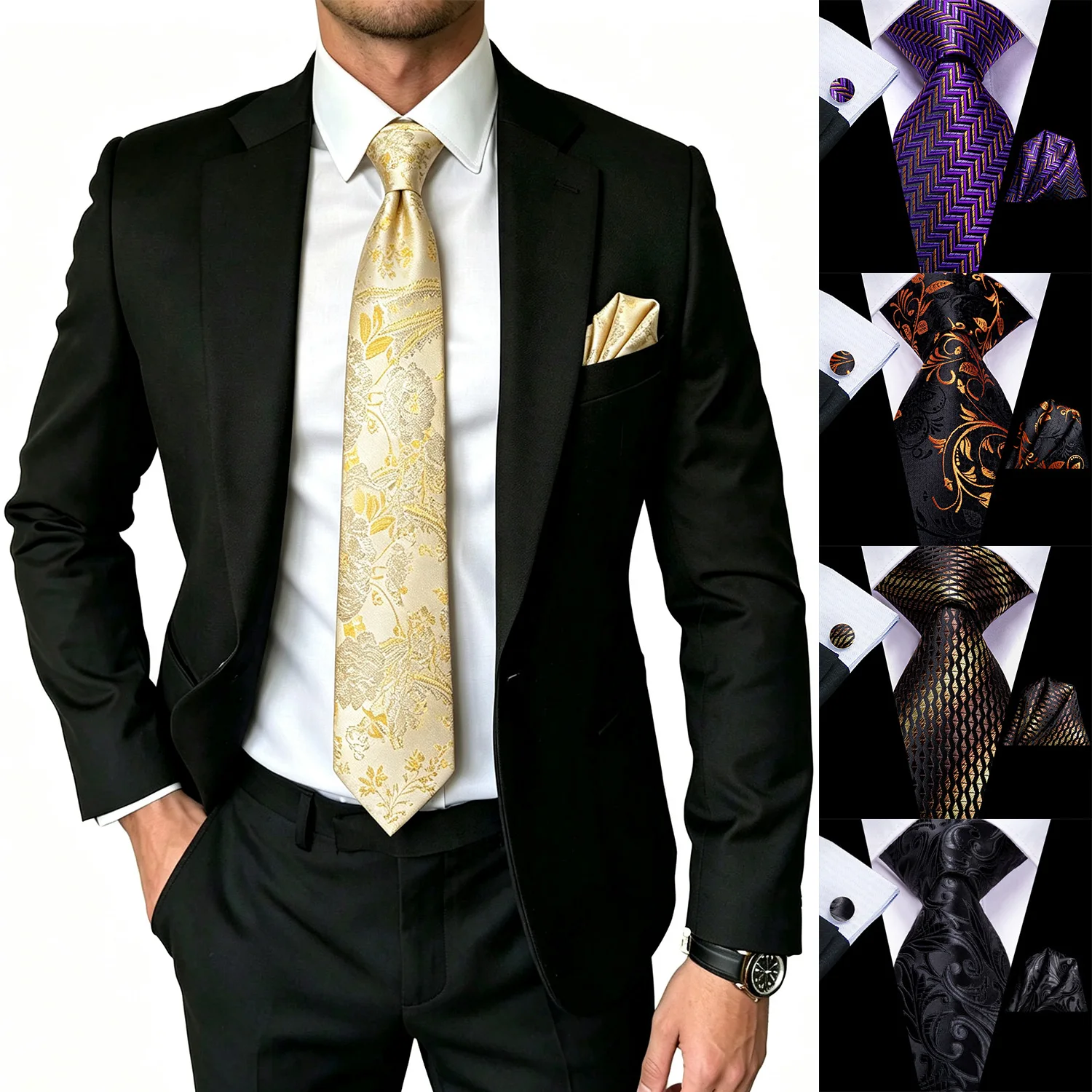 Floral Herringbone Paisley Mens Tie 3 Piece Set, Matching Pocket Square Cufflinks For Formal Occasions