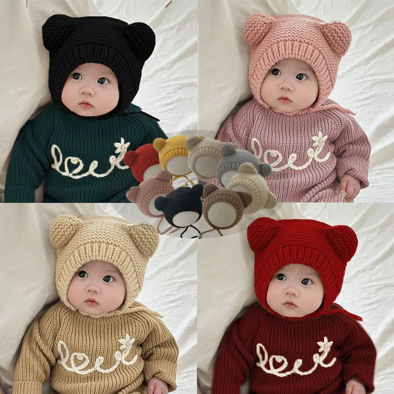 

Kawaii мультяшная детская шапка с медвежьими ушками, милая шапочка для новорожденных, вязаный крючком чепчик для мальчиков и девочек, осенне-зимняя теплая шапка, реквизит для фотосъемки малышей