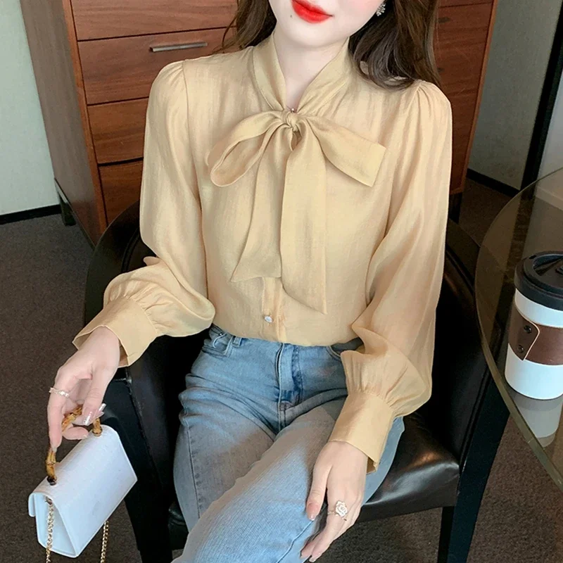 Elegant Chiffon Shirts Women Long Sleeve Retro Blouses Korean Fashion Clothing Casual Blusas Mujer Bow Neck Office Ladies Tops