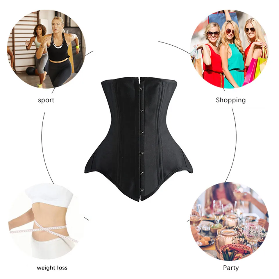 Damen-Unterbrustkorsett mit Stahlstäben, schlankmachendes Gothic-Bustier, Taillentrainer, Cincher-Gürtel, schwarze Outfits, Steampunk-Korsetts – Detail 3
