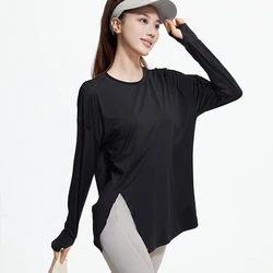 Loose Yoga Clothes Fitness Sport Shirt Women Blouse O-neck Workout Running Long Sleeve Sportswear Femme Gym Top With Thumb Holes