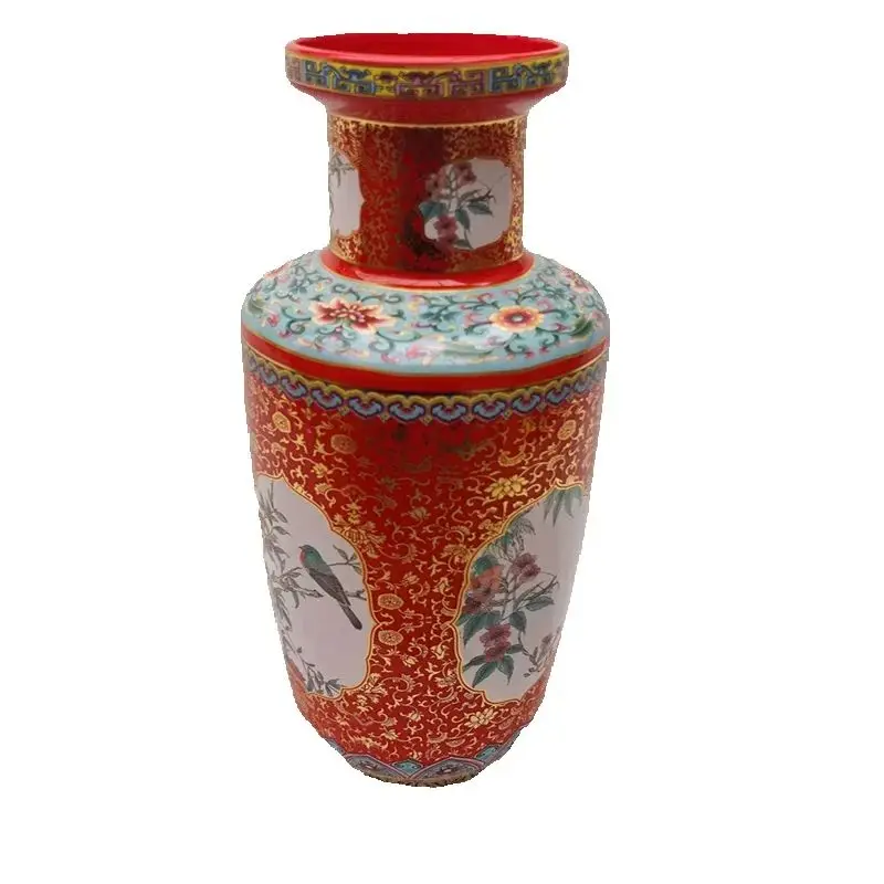 China Old Red enamel color Porcelain Vase with Window opening flower and bird patternTraditional Decorative Ornament