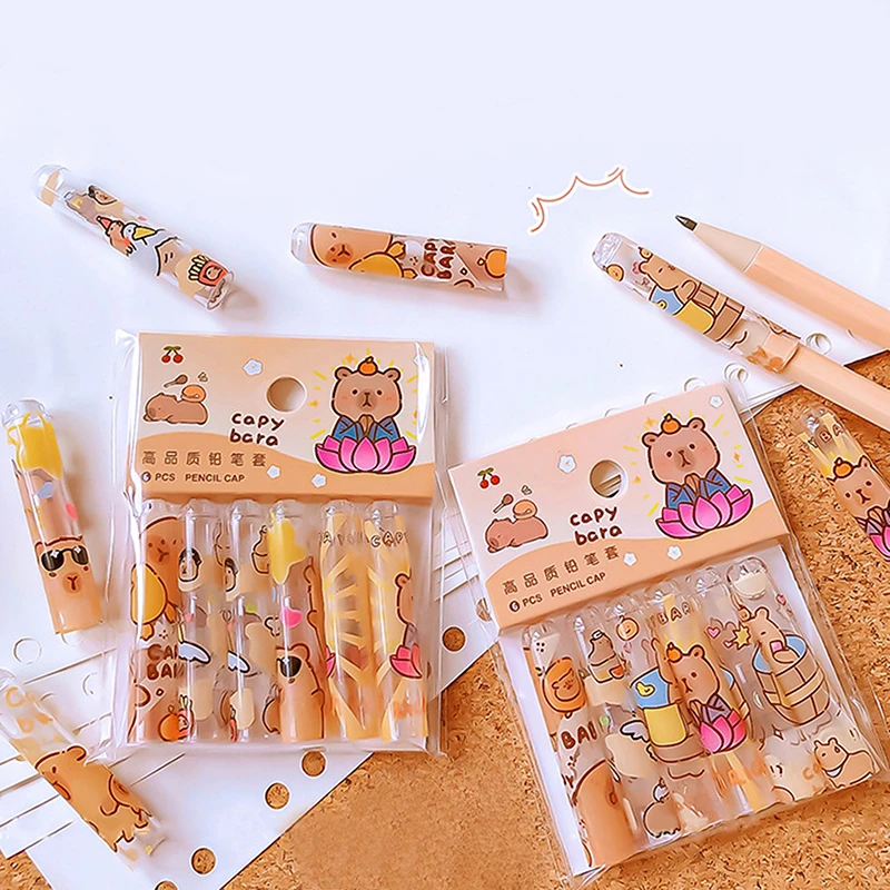 

6Pcs Pack Kawaii Capybara Protective Pen Cover Transparent Pencil Cap Aesthetic Stationery Items Back To School Primary Supplies