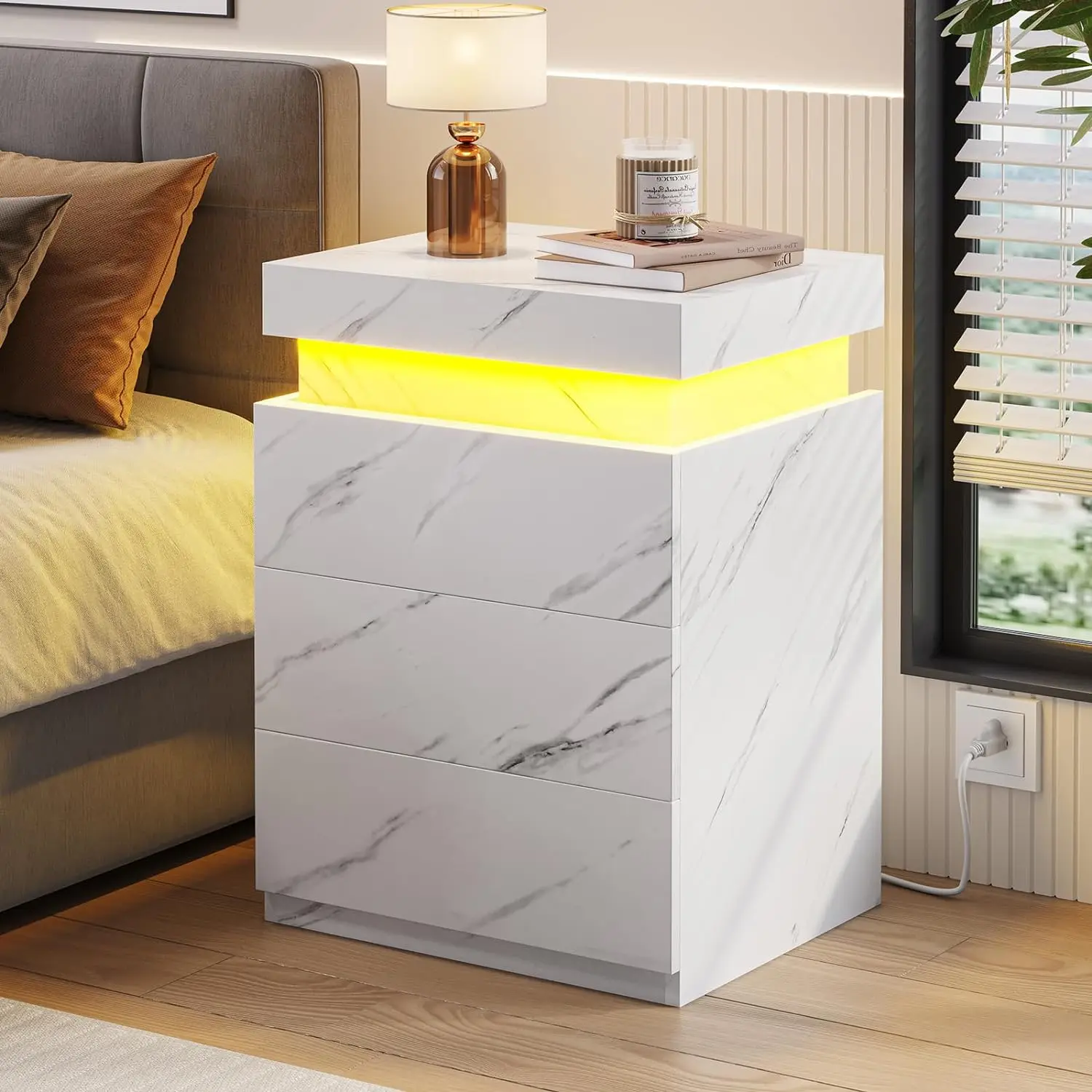 

Nightstand with Charging Station and LED Lights, Led Nightstand with Sliding Top, Bedside Table with Drawers, Modern End Table