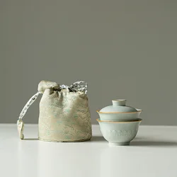 Portable One-person Ceramic Covered Bowl Tea Cup Outdoor Travel Tea Set 1 Gaiwan 1 Cup Small Set Exquisite Unique Gifts