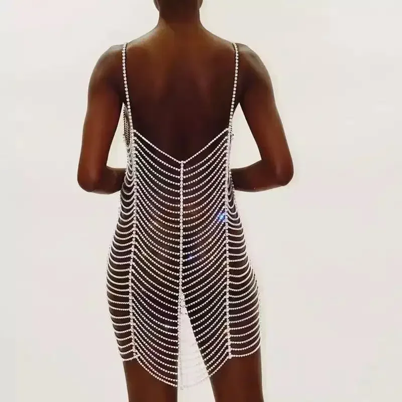 

Sparkling Rhinestone Dress, See Through Beach Bikini, Sexy Hollowed Out Crystal Long Dress, Body Accessories, Evening Runway Set