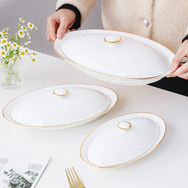 Steamed fish plate Oval plate Abalone sauce  Lo rice Sea cucumber  Ceramic tableware Western plate