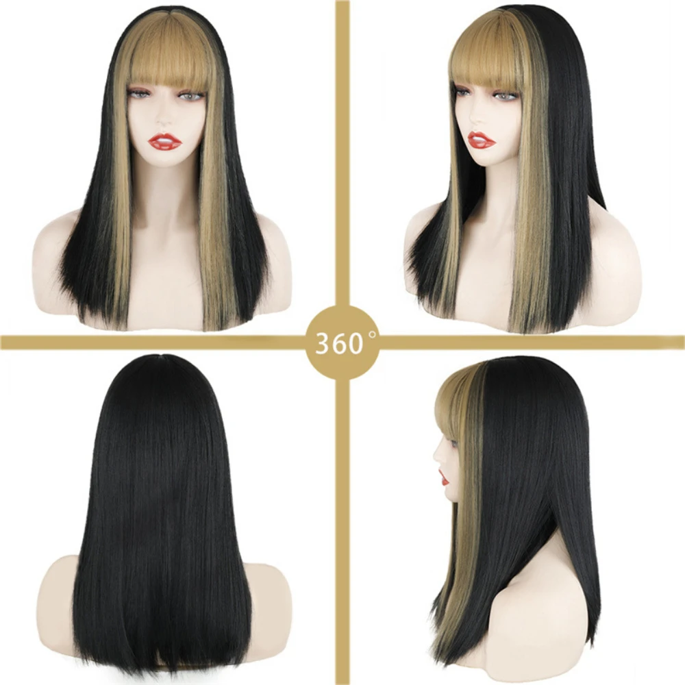 Boboo-Peluca de pelo sintético para mujer, pelo largo y liso con flequillo, resistente al calor, Cosplay, 45/70cm