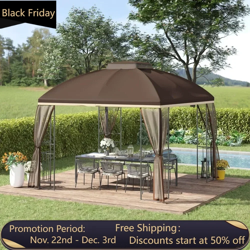 

10' x 10' Patio Gazebo with Corner Shelves, Double Roof Outdoor Gazebo Canopy Shelter with Removable Mesh Netting, for Garden