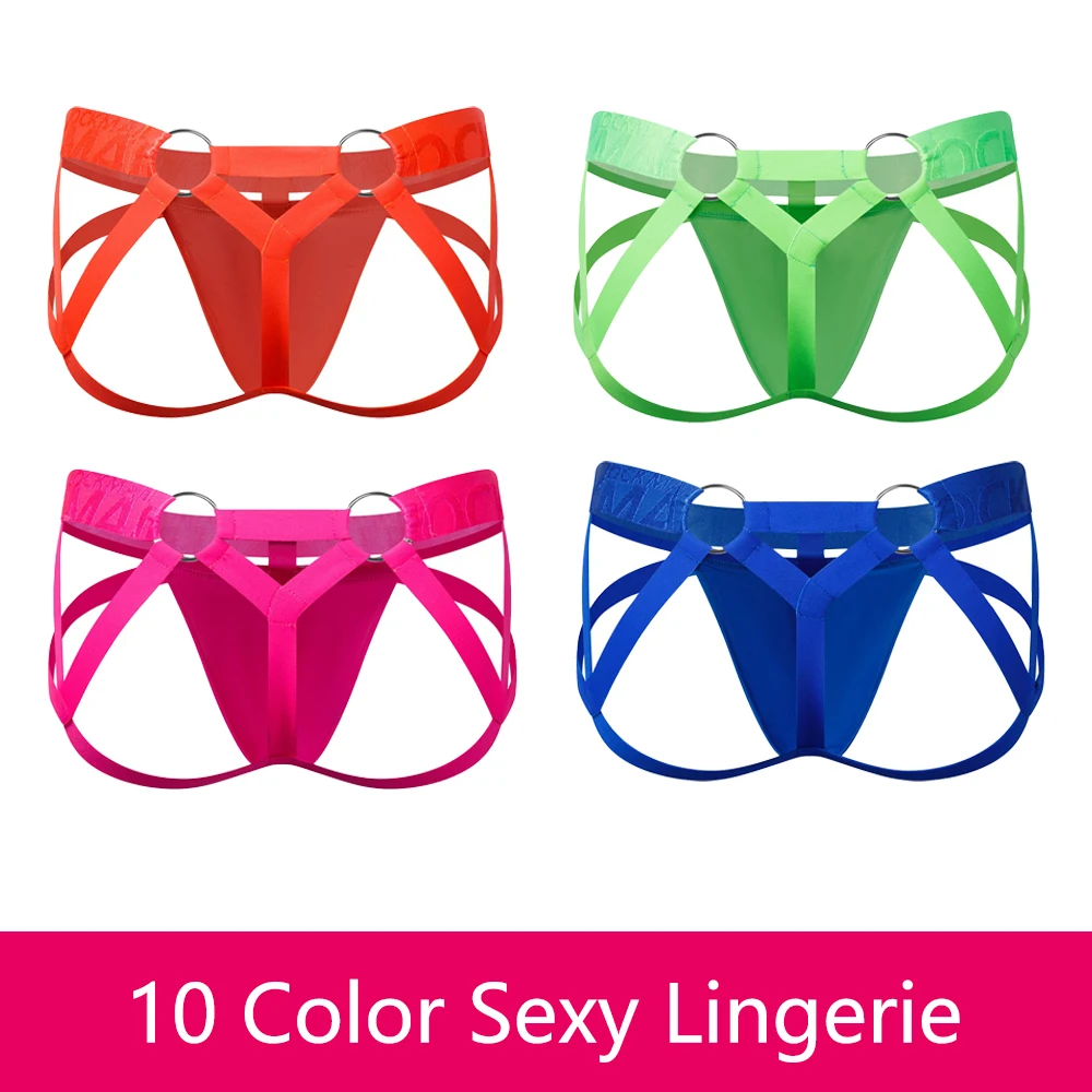 Jockmail 10 Color Sexy Lingerie Transparent Ice Silk Binding G-Strings Steel Ring Bandage Hollow Thongs High Quality JockStrap