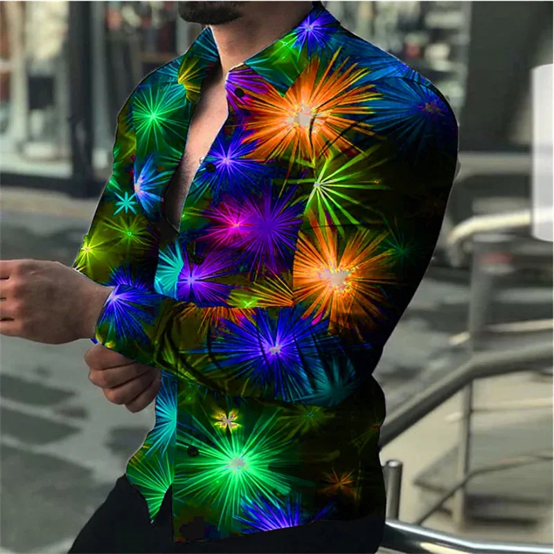 2024 Men\'s Shirt Colorful Star Casual 3D Print Cardigan Shirt Party Street Vacation Inverted New Long sleeved Cardigan Shirt