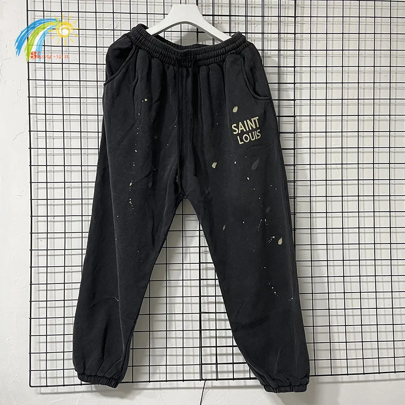 Autumn Winter High Quality Ink Splashing Graffiti Saint Louis Sweatpants Men Women Vintage Washed Black Jogger Drawstring Pants