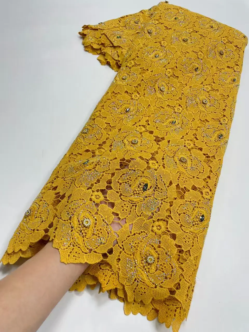 

Beaded African Lace Fabric High Quality 2026 Nigerian Guipure Cord Lace Embroidery Stone Lace Swiss Voile Lace For Wedding G46-1