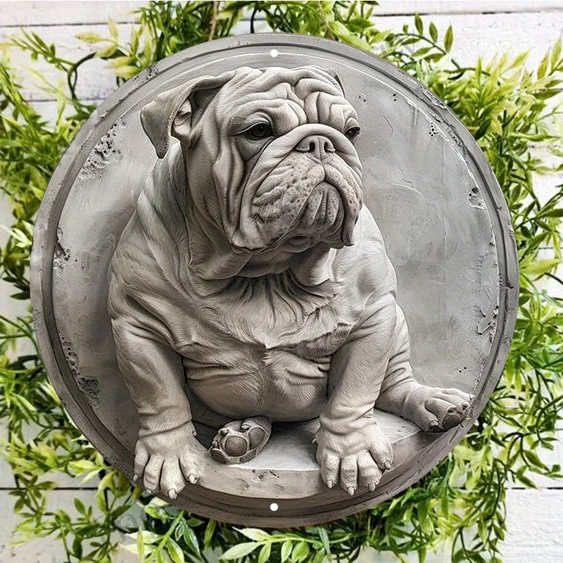 English Bulldog Statue Aluminum Metal Sign, Round, Waterproof Wall Decor, Predrilled Holes, Weather Resistant, Door Hanger Decor