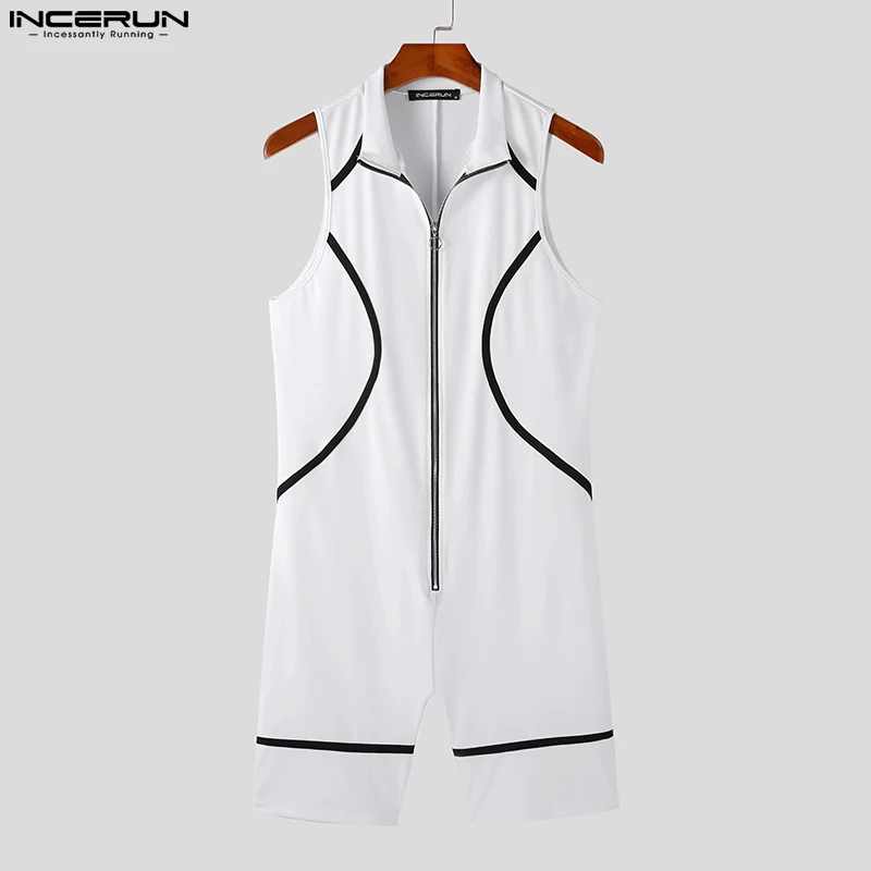 2023 Men Rompers Patchwork Lapel Sleeveless Zipper Streetwear Fashion Playsuits Fitness Cozy Casual Male Jumpsuits S-5XL INCERUN