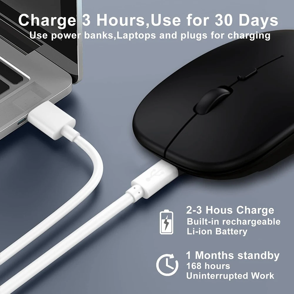 Mouse sem fio de modo duplo 2.4g e bt, recarregável, silencioso, sem fio, ergonômico, portátil, para jogos, pc, laptop, macbook, tablet