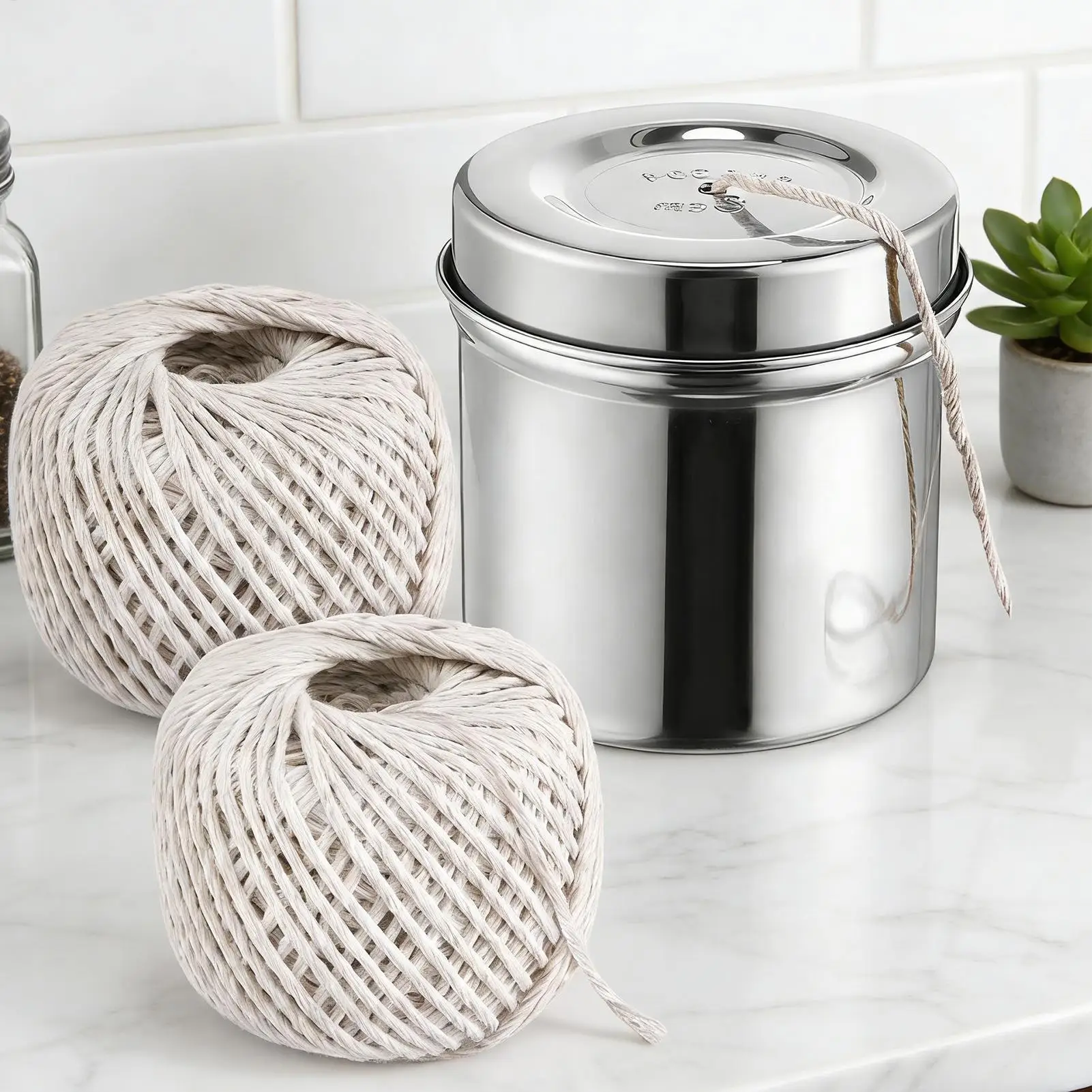 Kitchen Cotton Twine 2-Roll Set with Steel Dispenser, Cooking Baking String for Meat Turkey, Home BBQ & Camping Food Tying Tool