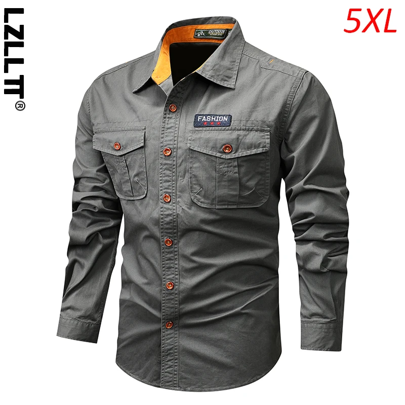 Primavera autunno uomo Cargo cotone camicie a maniche lunghe uomo Casual risvolto camicie tattiche militari camicette da esterno maschili Polo 5XL