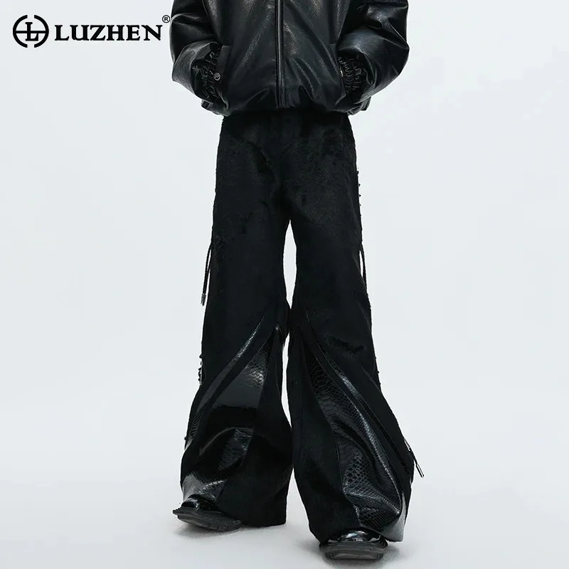 

LUZHEN 2025 New Stylish Original Leather Patchwork Design Wide Leg Cross Weave Casual Pants Men's Street Wear Trousers JY5629