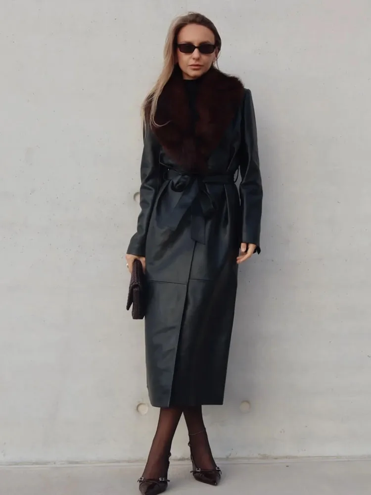 HH Women Winter Coat Fur Turn-Down Collar Long Sleeves Lace-Up Decoration Single Breasted Loose Jackets Female Chic Warm Jackets