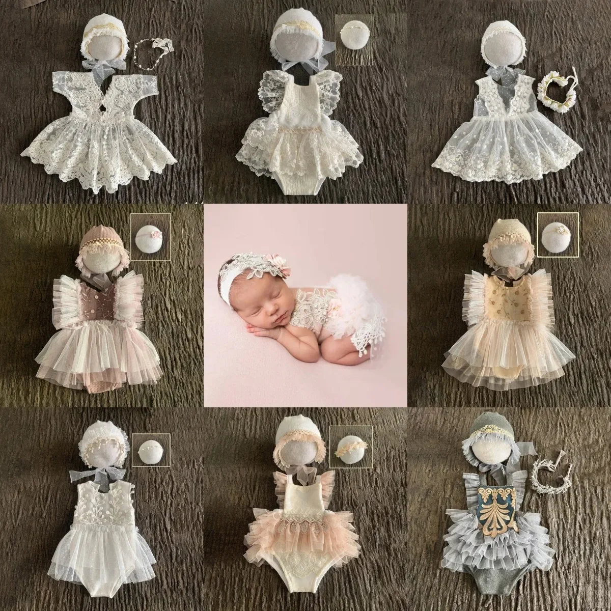 Newborn Girl Photography Prop Lace Dress Photoshooting Costume Headbands Hat 1 Month Princess Clothes Outfit Props Accessories