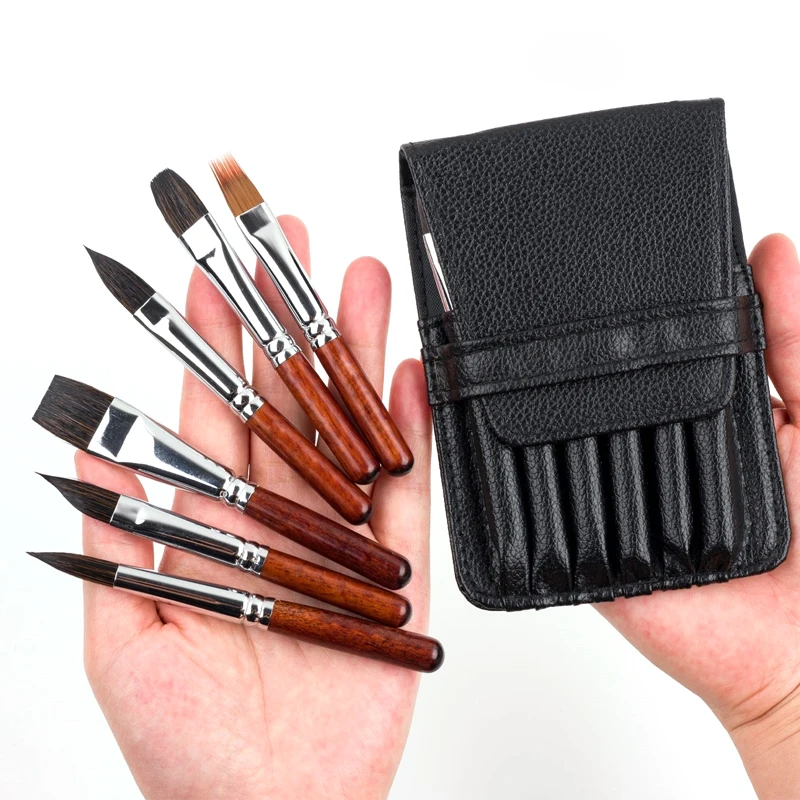 Travel Watercolor Brushes 6pcs Short Handles Squirrel Paint Brush for Watercolor Ink Gouache with PU Bag