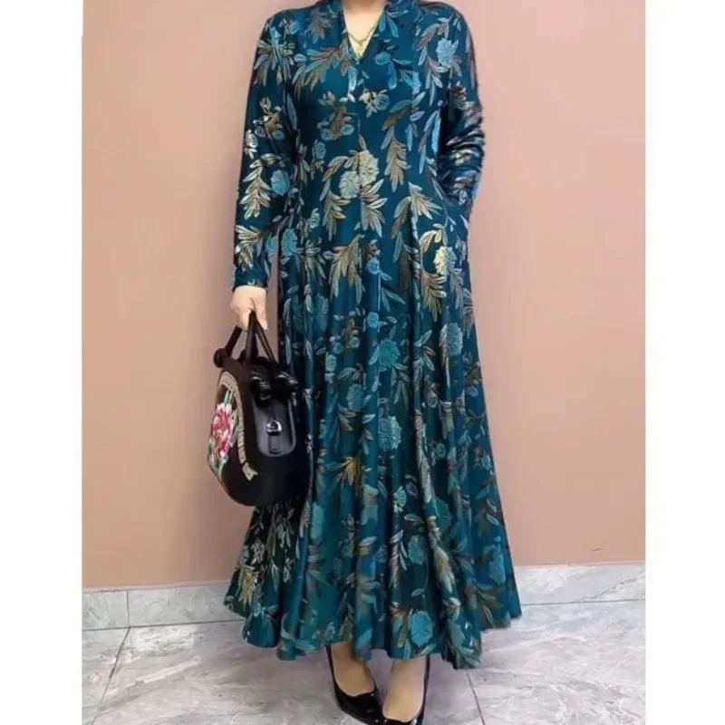 

Women's Autumn New Fashion Elegant V-neck Pullover Print Pocket Casual and Versatile Long Sleeved Loose Mid Length Dress A83