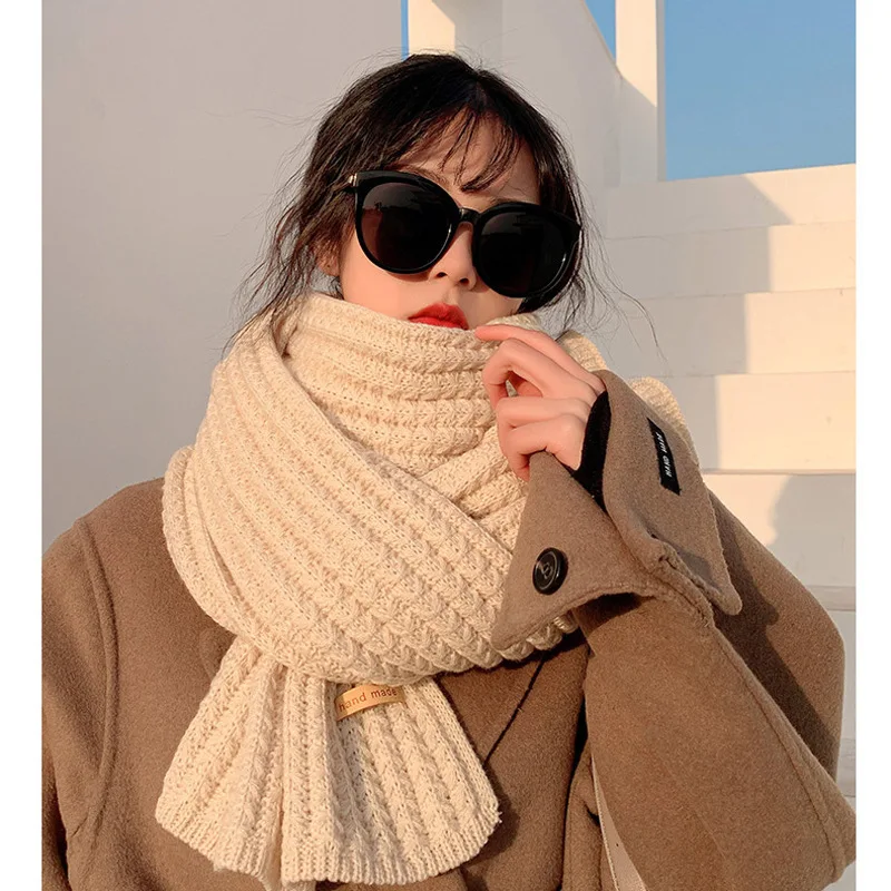 Solid Color Wool Scarf Female Korean Version Cute Girl Autumn Winter Thick Warm Knit Neck Ring Lovers Knitted Scarves