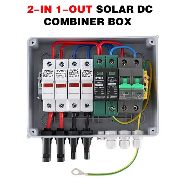 【AA86】2X Solar Photovoltaic PV Combiner Box With Ground Wire Protection 2 In 1 Out DC600V Fuse MCB SPD Waterproof Box IP65