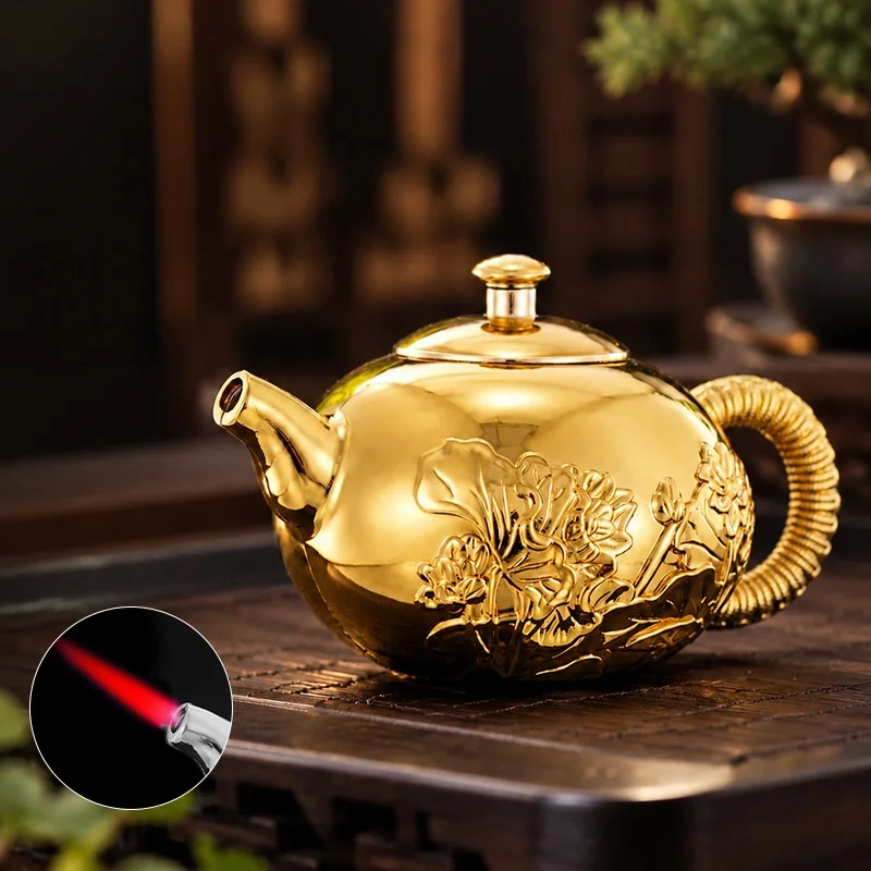 Chinese Lotus Carved Golden Teapot Mirror Finish Drip Free Spout Household Tea Brewing Ornament Present Gold Plated Lotus Relief
