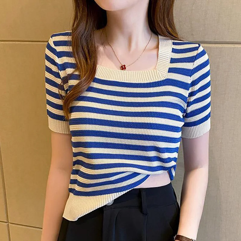 

Fashion Square Collar Loose Korean Striped T-Shirt Female Clothing 2023 Summer New Casual Pullovers All-match Commute Tee Shirt