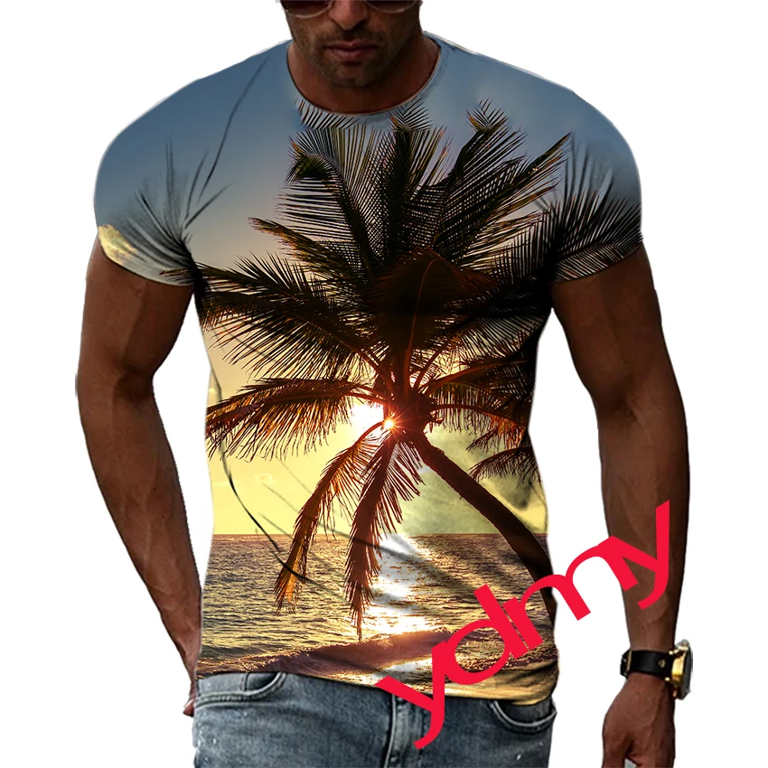 Tide Fashion Summer Coconut Tree Picture Men's T-shirt Casual Print Tees Hip Hop Personality Round Neck Short Sleev Quick Drying