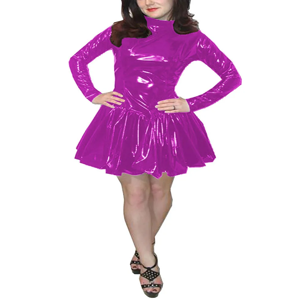 Women's Slim Mock Neck Dress, Long Sleeved Dress, Simple Costumes, Wetlook Sissy, PVC Leather, Club Outfit, Plus Size, Fashion