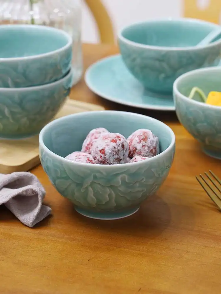 

Миска с гравировкой Longquan Celadon, Бытовая керамическая миска для риса, Маленькая миска, Миска для китайского риса, Суповая миска, Высокий внешний вид,