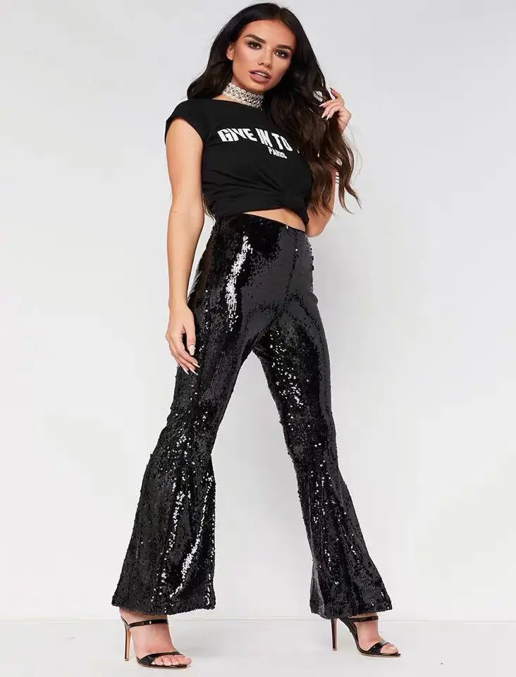 Women Sexy Flare Pants Shiny Sequin Bell-bottoms Dance Streetwear Jogger Hip Hop Disco Party Trousers Glitter Nightclub Festival