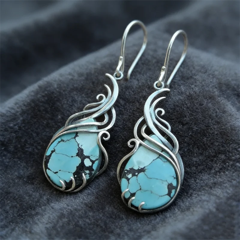 Vintage Blue Stone Boho Earrings Womens Exquisite Silver Color Metal Geometry Hollow Wedding Dangle Earrings 2022 Jewelry