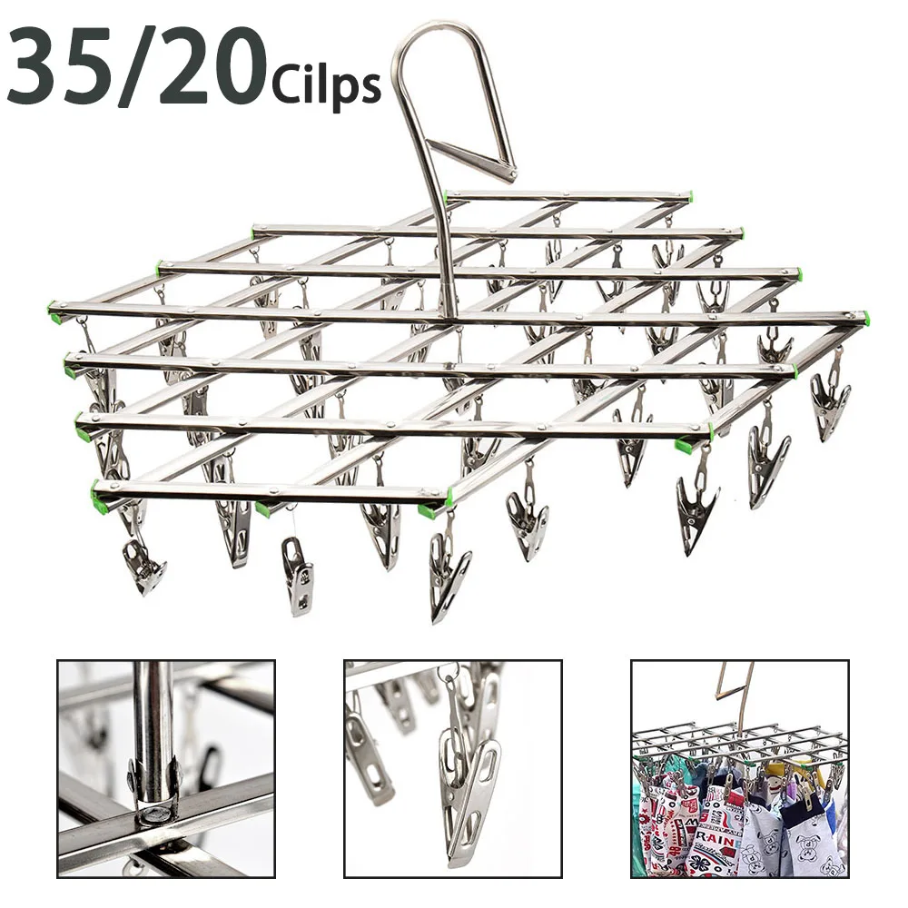 Folding Drying Rack with 35/20 Clips Stainless Steel Windproof Underwear Socks Clip Swivel Hook Hanger Space Saving Drying Rack