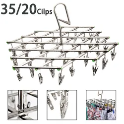 Folding Drying Rack with 35/20 Clips Stainless Steel Windproof Underwear Socks Clip Swivel Hook Hanger Space Saving Drying Rack