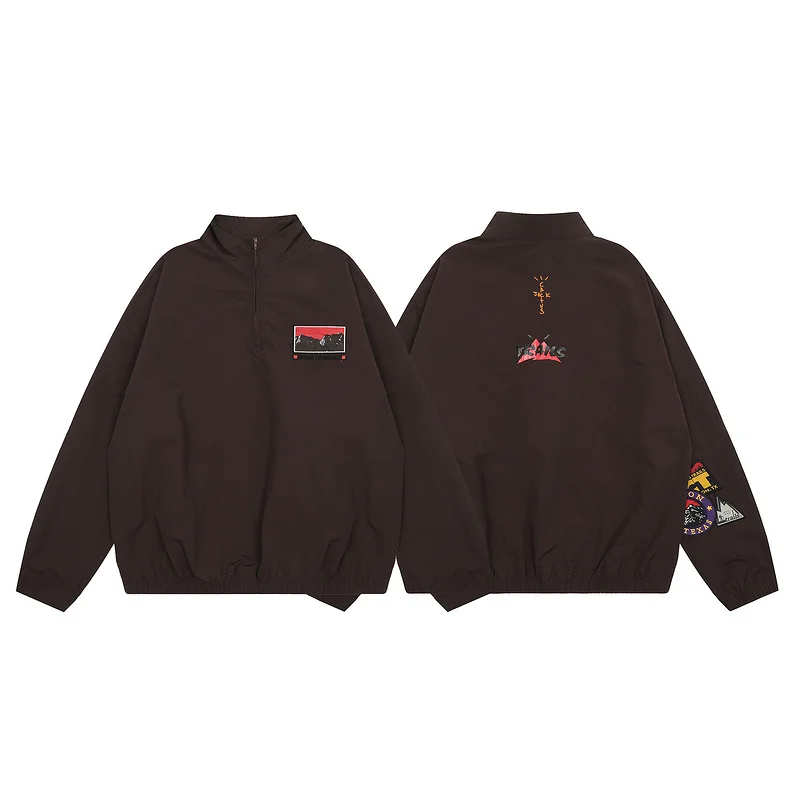 

Spring Autumn Casual Mountain Bae Embroidery Loose f Zip Hooded Windbreaker Jaet for Men Youth Faion Polyester Nylon...