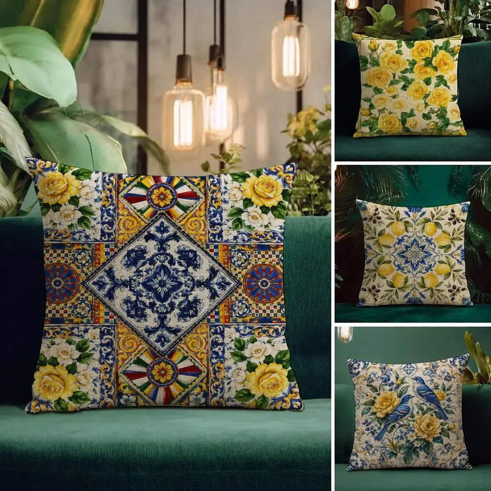 Art Mediterranean Majolica Vintage Tile Cushion Cover Natural Linen Pillowcase Set Cushion Cover for Sofa Bedroom Chair
