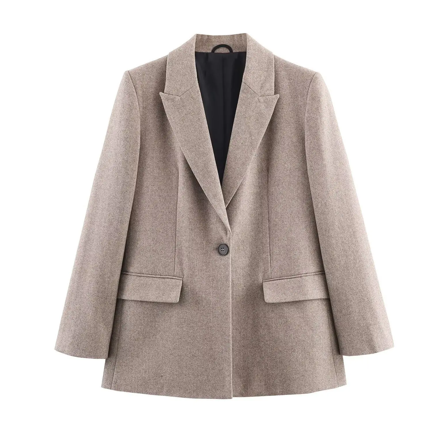Dave&Di Minimalist Khaki Woolen Suit Jacket Women Tops British Fashion Texture Women's Jacket Woman Clothes Tops Blazer Mujer To