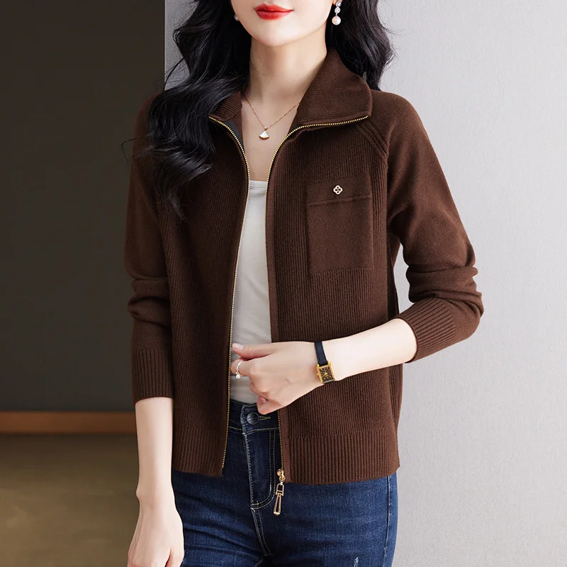 Spring Autumn New 2024 Zipper Lapel knitting Sweater Cardigan Woman Long-sleeved Elegant Loose Knitwear Female Jacket Tops