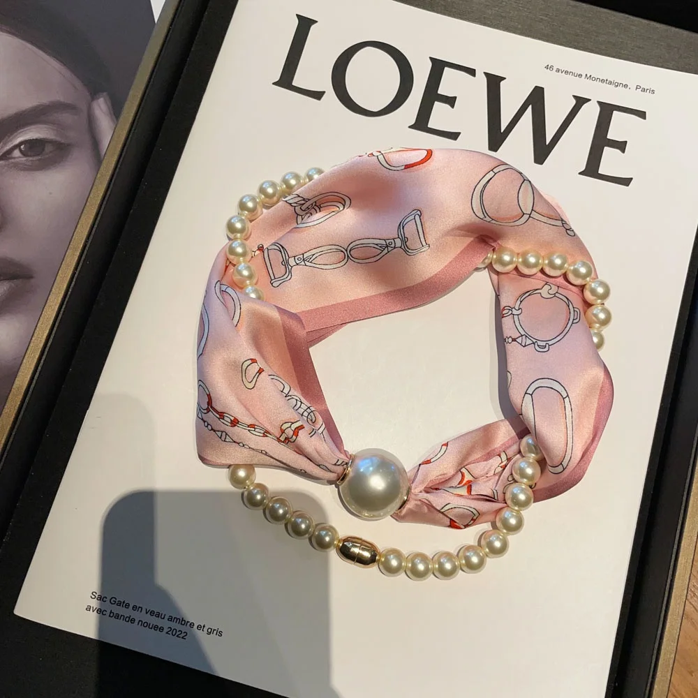 

Long Pearl Magnetic Clasp Silk Scarf Nelace Spring Summer 00% Silk Scarf Sweater Chain Faion Trend Korean Sle