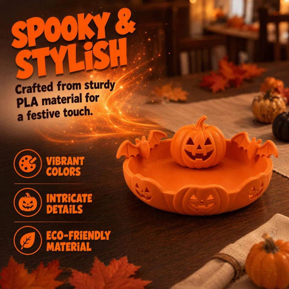 Gothic Style Pumpkin Jewelry Tray Lantern Shaped 3D Printed Halloween Desk Ornament Triple Pumpkin Head Hollow-out Design