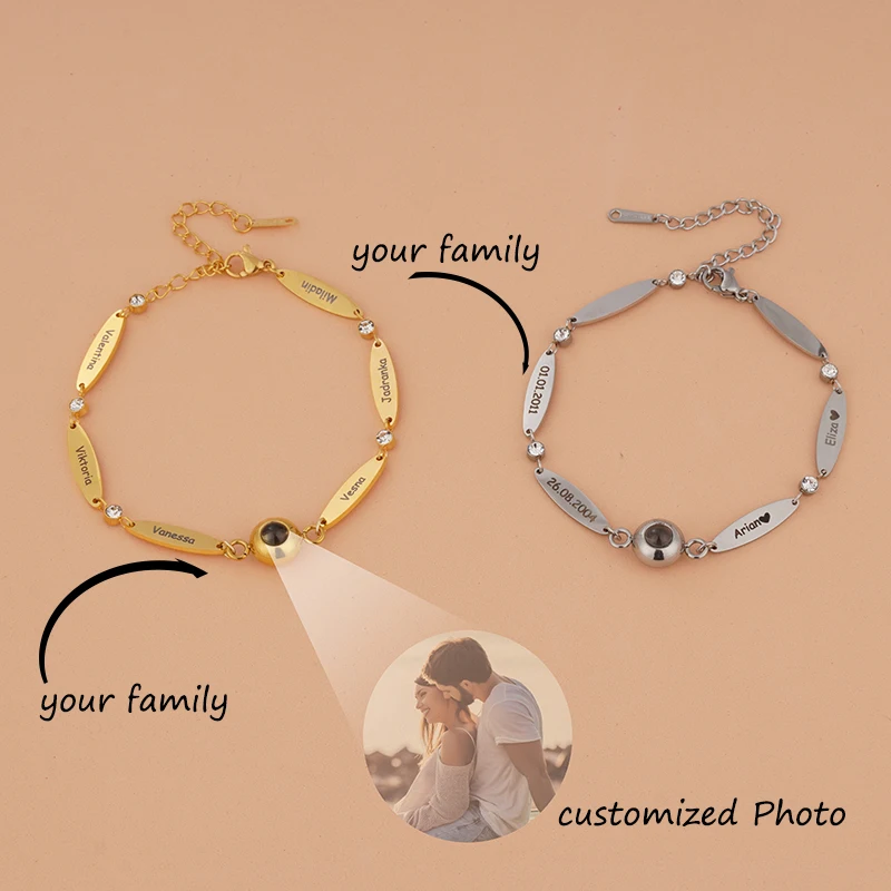 Custom Photo Projection Bracelet with Silver/Gold Color Personalized Engraved Family Name Stainless Steel Bracelet for Women