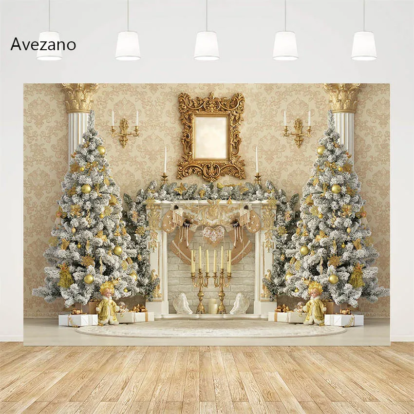 Avezano Christmas Backdrops for Photography Fireplace Xmas Tree Mirror Family Holiday Party Background Decor Photo Studio Props