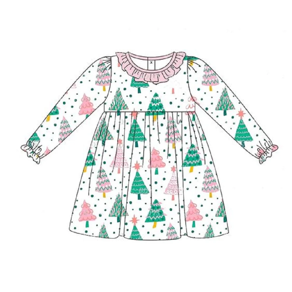 

Christmas Green And Pink Cartoon Print Girl's Long-sleeved Round Neck Ruffled Decorative Knee-length Boutique Dress