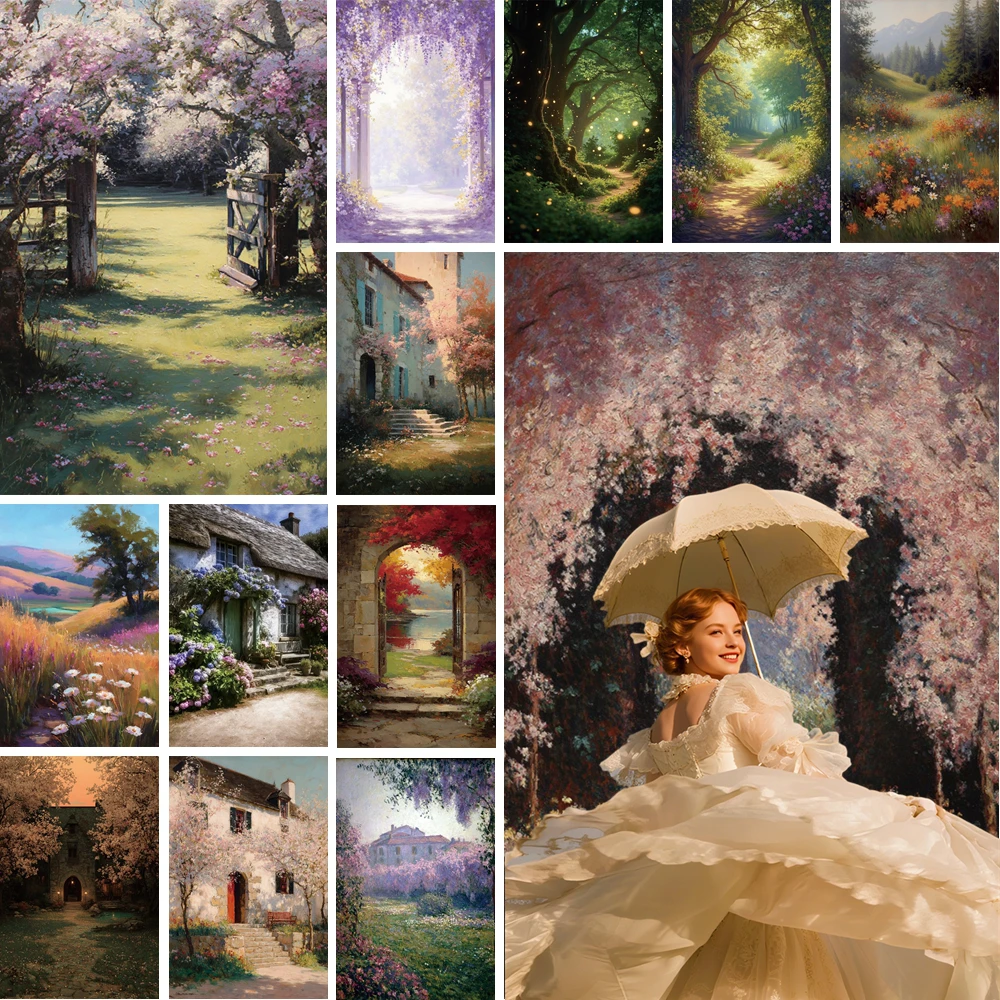 

MOON.QG Impressionist Pastoral Backdrops For Photography Cottages Arches Flowering Trees Background Party Supplies Decorations